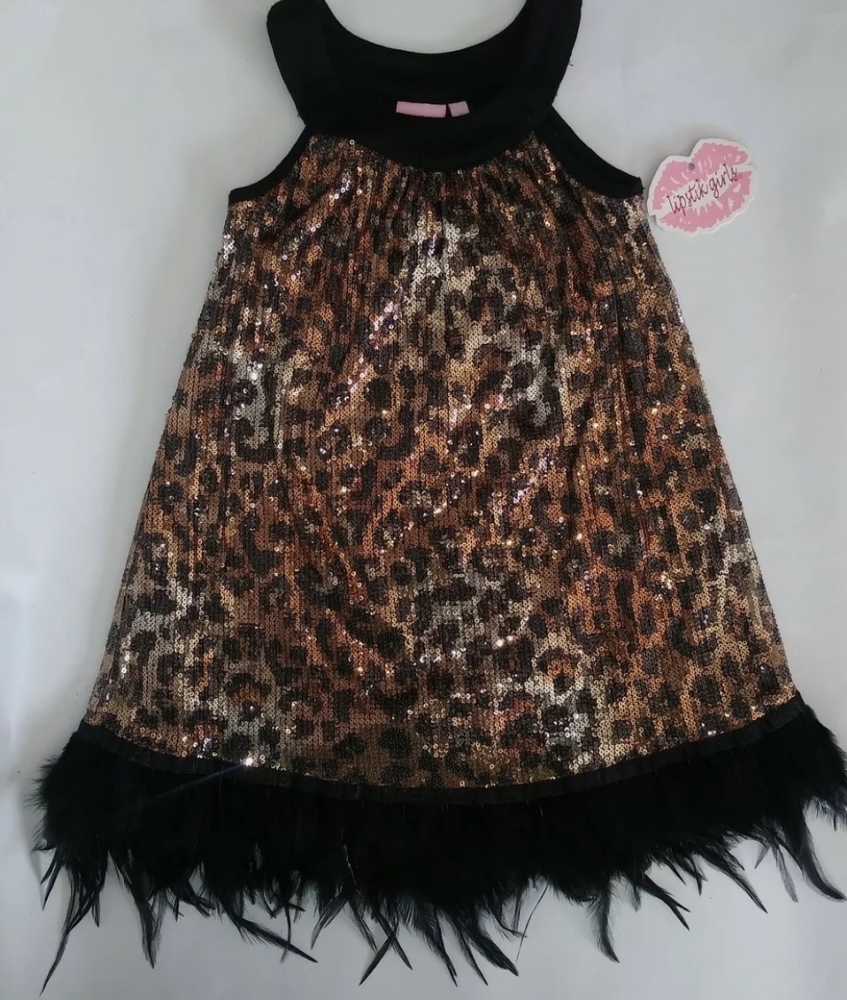 Girls sequin cheeta print feather dress 4 6 6X